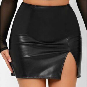 Faux Leather Mini Skirt Front Split Black M